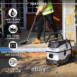 Excel 30L Dust Extractor Wet & Dry Vacuum Cleaner Water Dirt Blower HEPA 240V